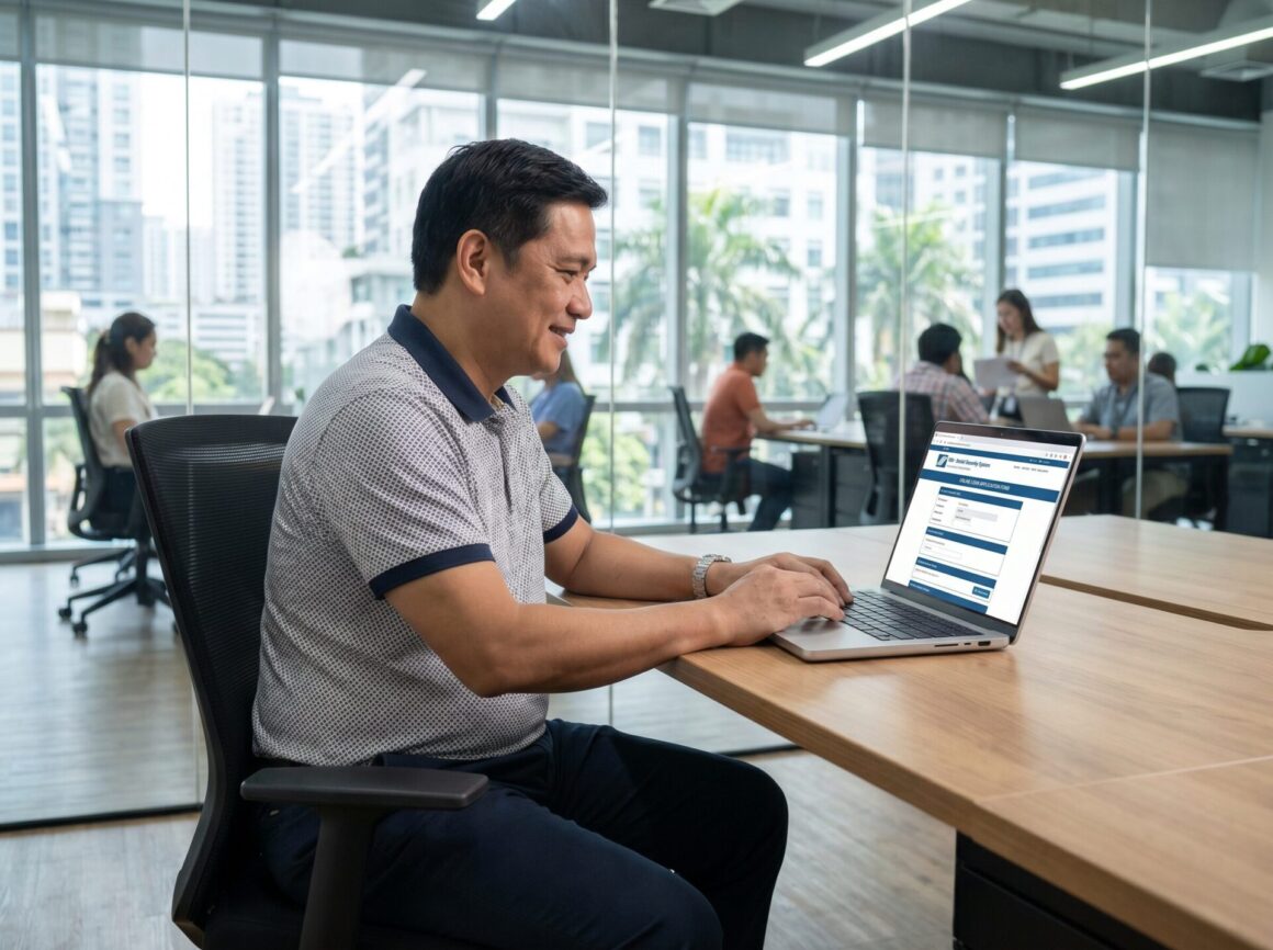 Filipino office worker using SSS online loan portal on laptop