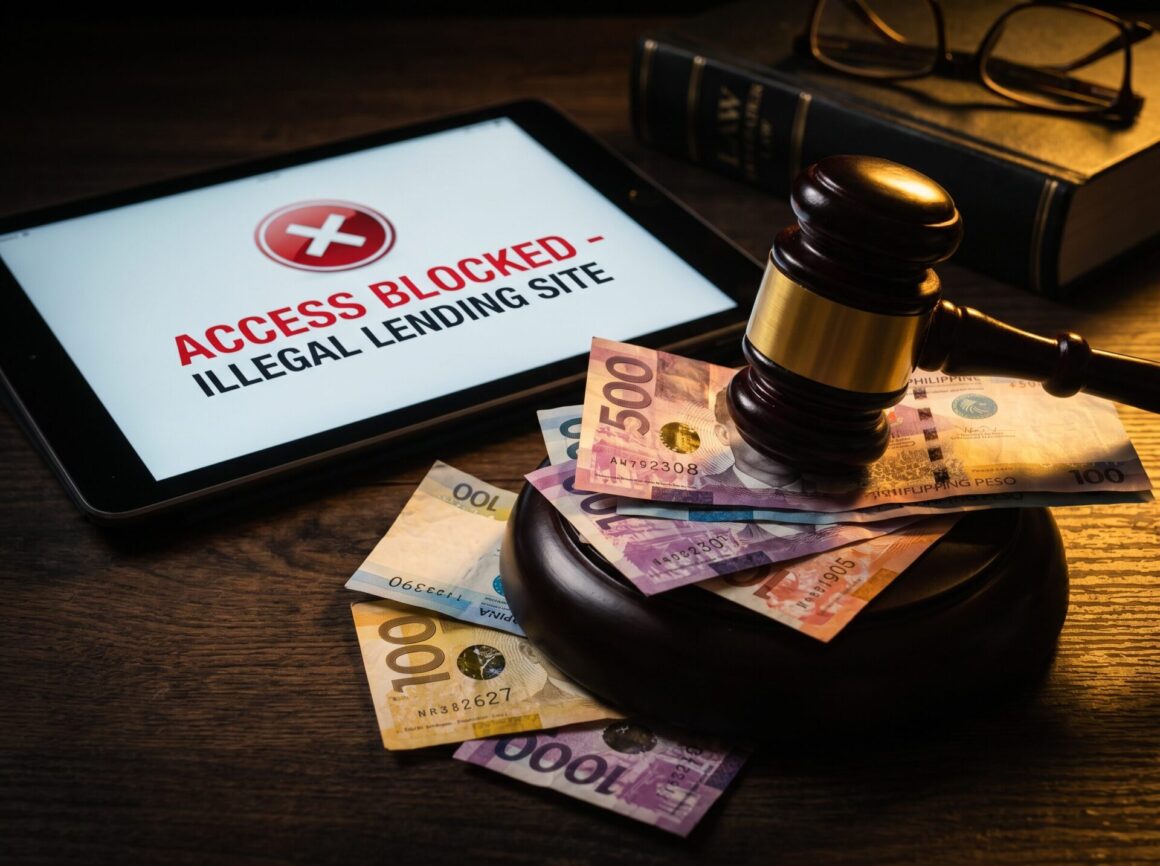 Gavel on Philippine peso bills and tablet showing blocked illegal lending website